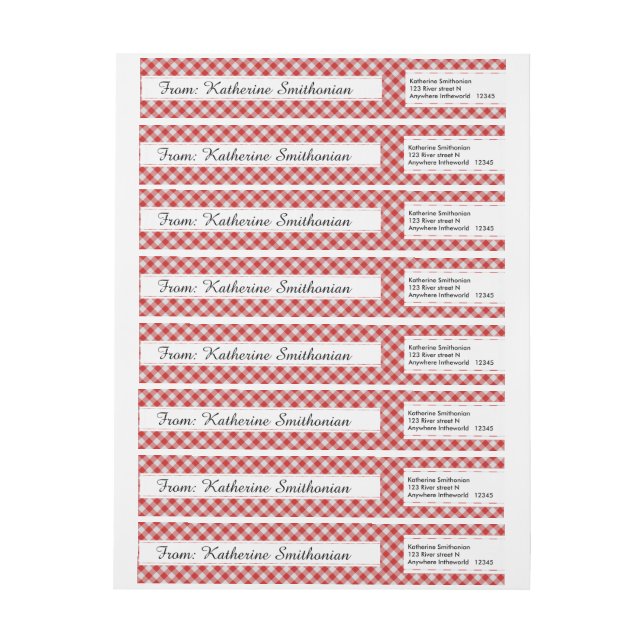 Personalise: Red and White Gingham Check Pattern Wrap Around Label (Sheet)