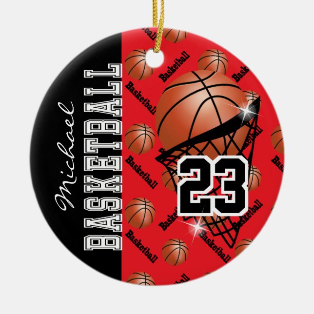 Personalise Red Basketball Ceramic Tree Decoration (Front)
