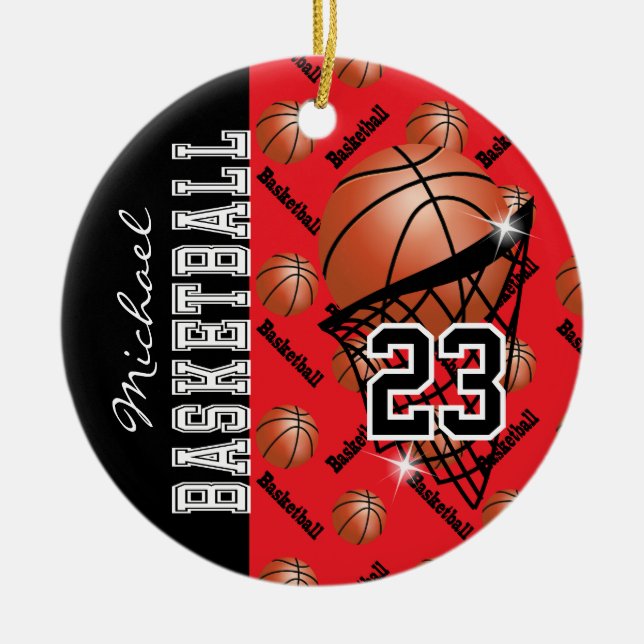 Personalise Red Basketball Ceramic Tree Decoration (Front)