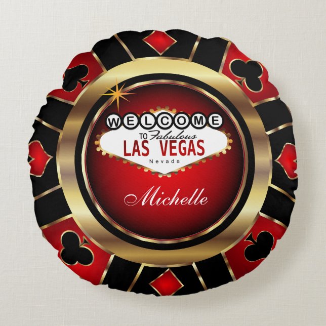 Personalise Red , Black and Gold Poker Chip Round Cushion (Front)