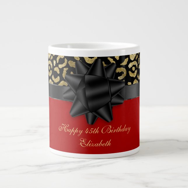 Personalise Red Black Gold Leopard Print Birthday Large Coffee Mug (Front)