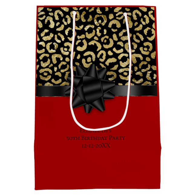 Personalise Red Black Gold Leopard Print Birthday Medium Gift Bag (Back)