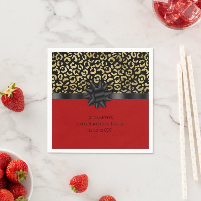 Personalise Red Black Gold Leopard Print Birthday Napkin (Insitu)