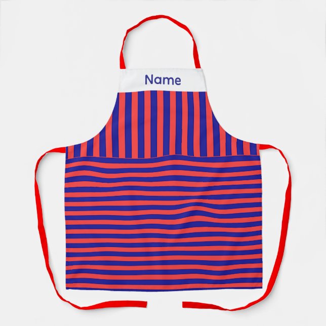 Personalise Red Blue Vertical Horizontal Stripes Apron (Front)