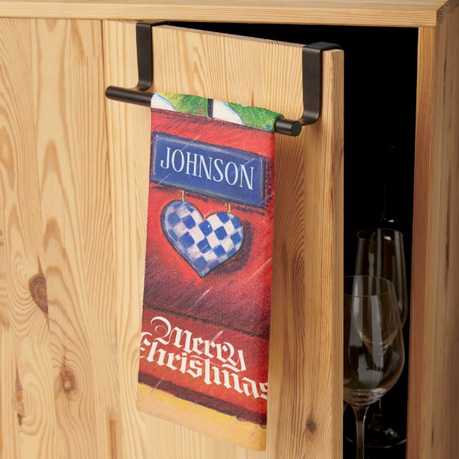Personalise Red Door - Merry Christmas Cosy Home Tea Towel (Thirds Fold)