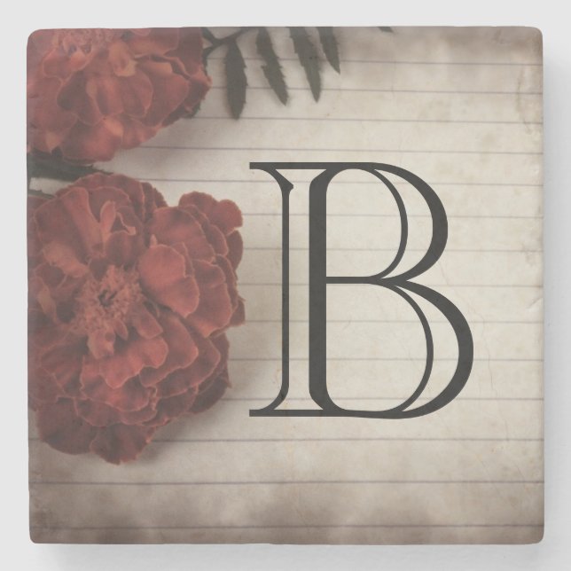 Personalise red Flowers on Lined Paper Autumn Stone Coaster (Front)