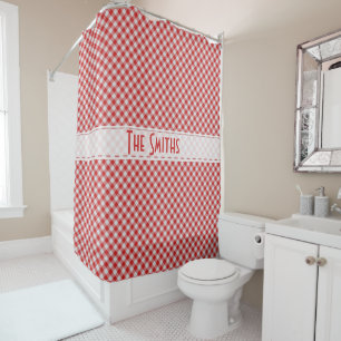 Personalise:  Red Gingham Check Diagonal Pattern Shower Curtain