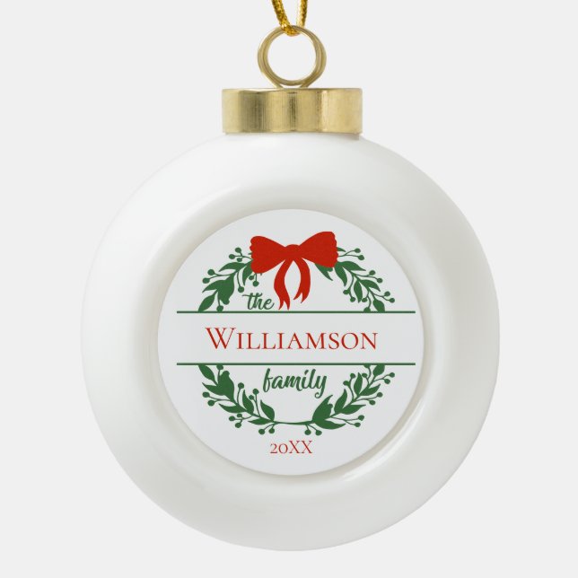 Personalise Red Green Wreath Family Name Christmas Ceramic Ball Christmas Ornament (Front)