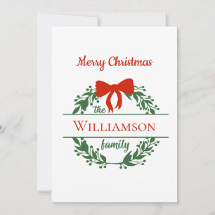 Personalise Red Green Wreath Family Name Christmas Holiday Card