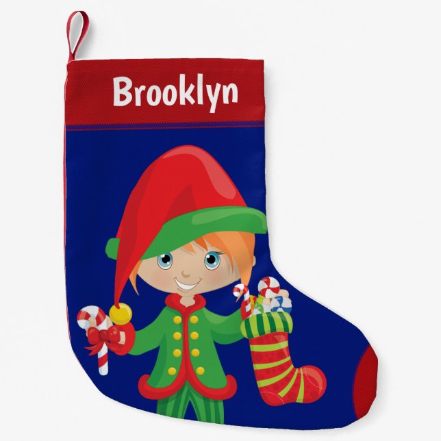 Personalise Red Hair Girl Elf Small Christmas Stocking (Front)