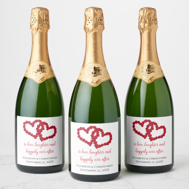 Personalise Red Hearts Wedding Quotes Wedding Sparkling Wine Label (Bottles)