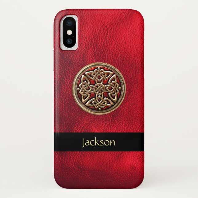 Personalise Red Leather Celtic Knot iPhone X Case (Back)