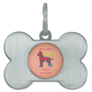Personalise Red Plaid Peach DOG Bone  Pet ID Tag