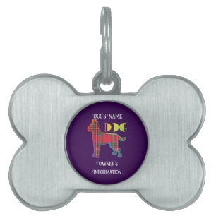 Personalise Red Plaid Purple DOG Bone Pet ID Tag