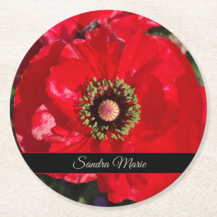 Personalise Red poppy flower  Round Paper Coaster