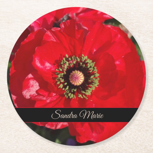 Personalise Red poppy flower  Round Paper Coaster (Front)