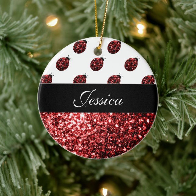 Personalise red sparkles Ladybird Ladybug Ceramic Tree Decoration (Tree)
