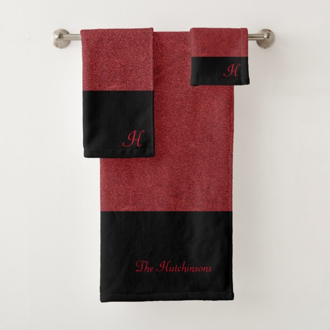 Personalise Red Velvet Pattern with Black Bath Towel Set (Insitu)