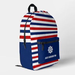 Personalise Red White Blue Nautical Stripes Rudder Printed Backpack