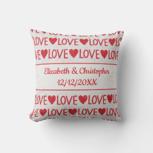 Personalise Red White Love Hearts Wedding Date Cushion