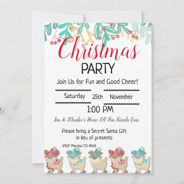 Personalise Reindeer, Christmas Party Invitation (Front)
