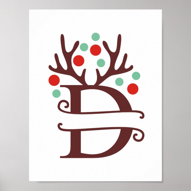 Personalise Reindeer Letter D Split Monogram Poster (Front)