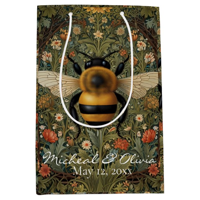 Personalise retro bumblebee boho botanical floral  medium gift bag (Front)