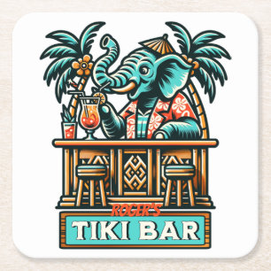 Personalise Retro Elephant Tiki Bar Square Paper Coaster