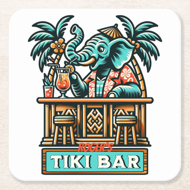 Personalise Retro Elephant Tiki Bar Square Paper Coaster (Front)