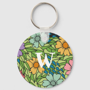 Personalise Retro Flowers Large Scale Multicolor Key Ring