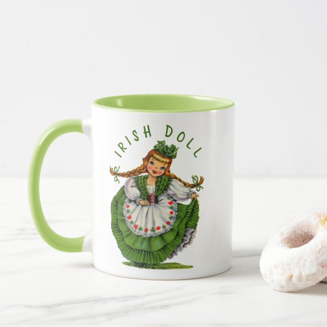 Personalise Retro Irish Doll Logo St Patricks Day Mug (With Donut)