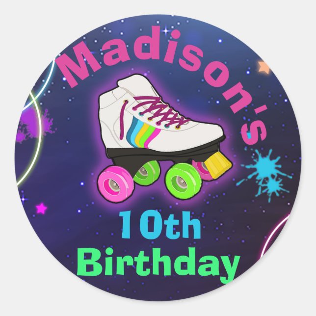 Personalise Roller Skating Neon Birthday Classic Round Sticker (Front)