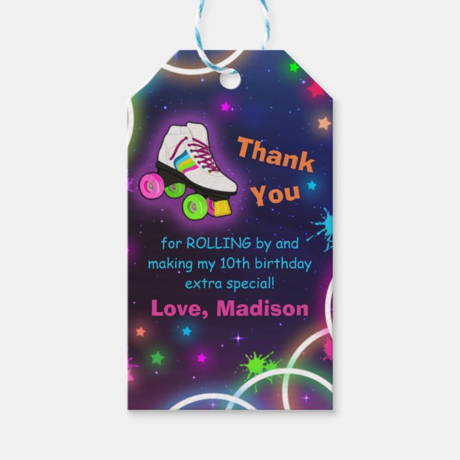 Personalise Roller Skating Neon Birthday Gift Tag (Front)