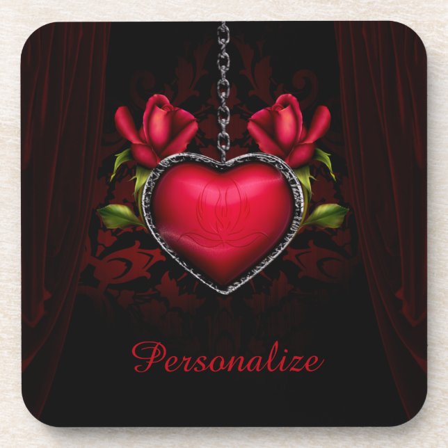 Personalise Romantic Gothic Red Heart Roses Coaster (Front)