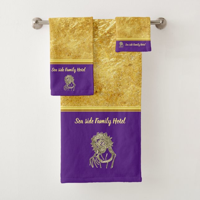 Personalise romantic Jesus gold foil with purple Bath Towel Set (Insitu)