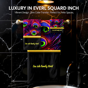 Personalise romantic purple peacock feather black bath towel set