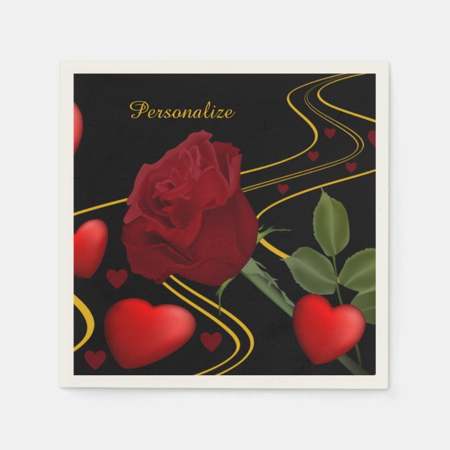 Personalise Romantic Red Hearts Roses Gold Ribbon Napkin (Front)