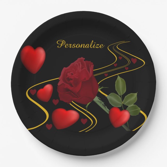 Personalise Romantic Red Hearts Roses Gold Ribbon Paper Plate (Front)