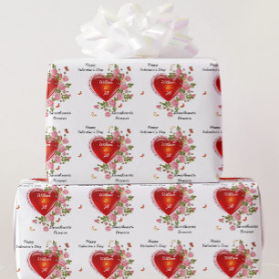 Personalise Romantic Valentine's Day Hearts Roses Wrapping Paper