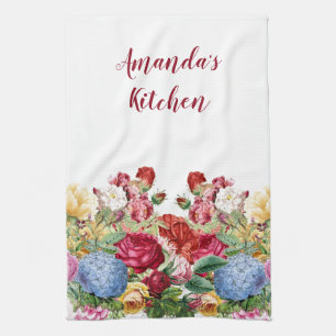 Personalise Rose and Blue Hydrangea Floral  Tea Towel