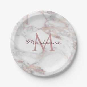 Personalise Rose Gold Marble Monogram Template Paper Plate