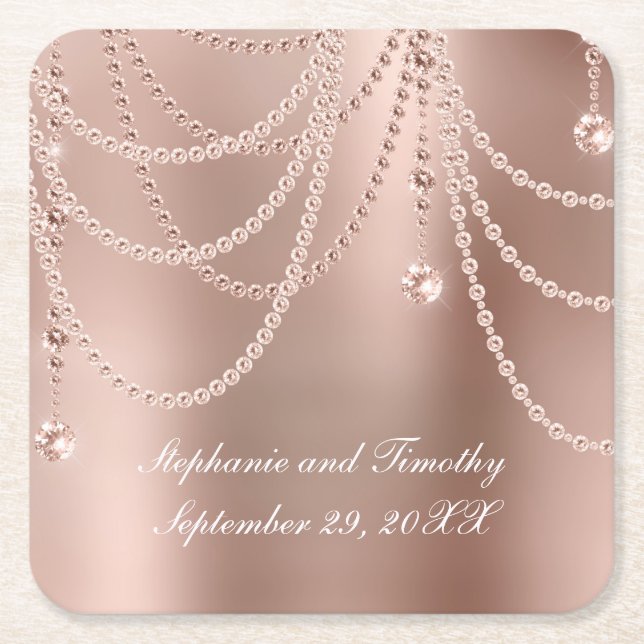 Personalise Rose Gold Pearls Diamond Bling Wedding Square Paper Coaster (Front)