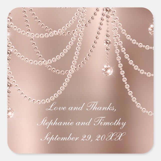 Personalise Rose Gold Pearls Diamond Bling Wedding Square Sticker (Front)