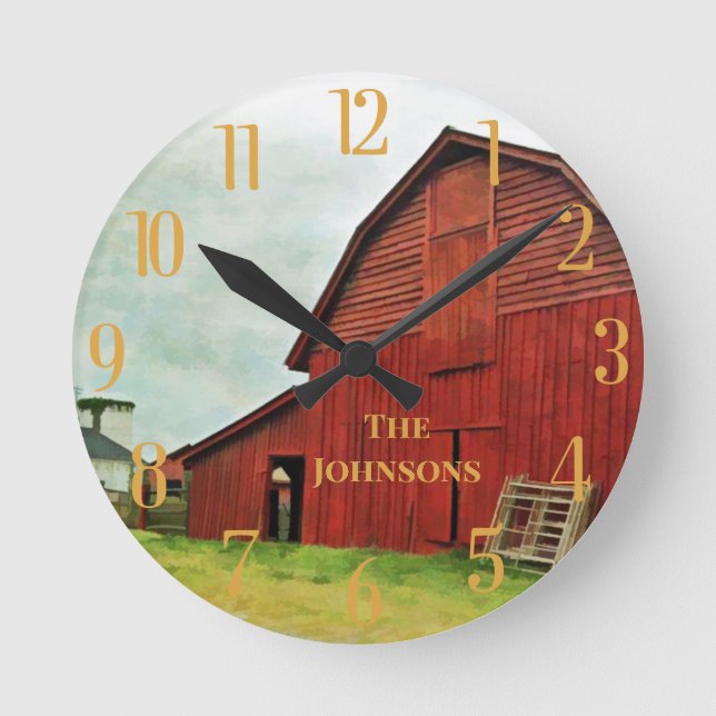 Personalise Rustic Red Barn Scene  Round Clock (Front)