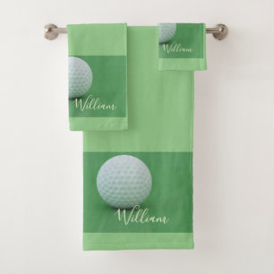 Personalise Sage Green Background Golf Ball Bath Towel Set
