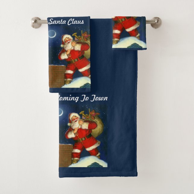 Personalise Santa Claus Christmas on Blue Bath Tow Bath Towel Set (Insitu)