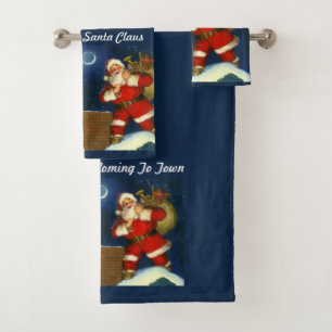 Personalise Santa Claus Christmas on Blue Bath Tow Towel Set
