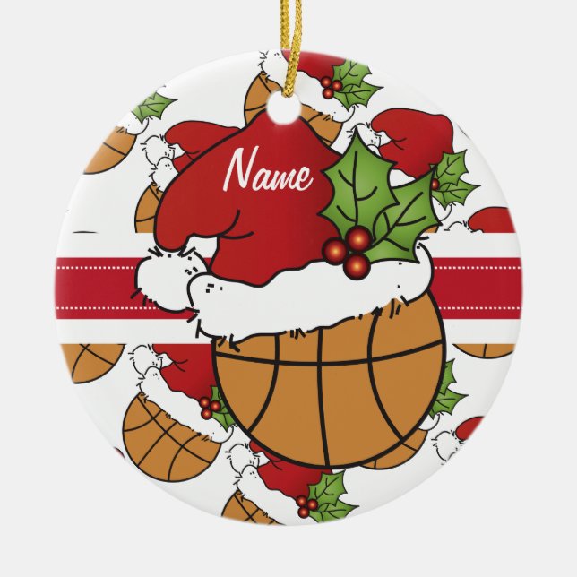Personalise Santa Hat Christmas Basketball Ceramic Tree Decoration (Front)