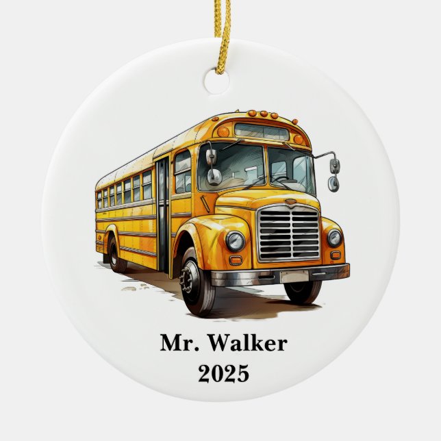 Personalise School Bus Driver Christmas Gift Ceramic Tree Decoration (Front)
