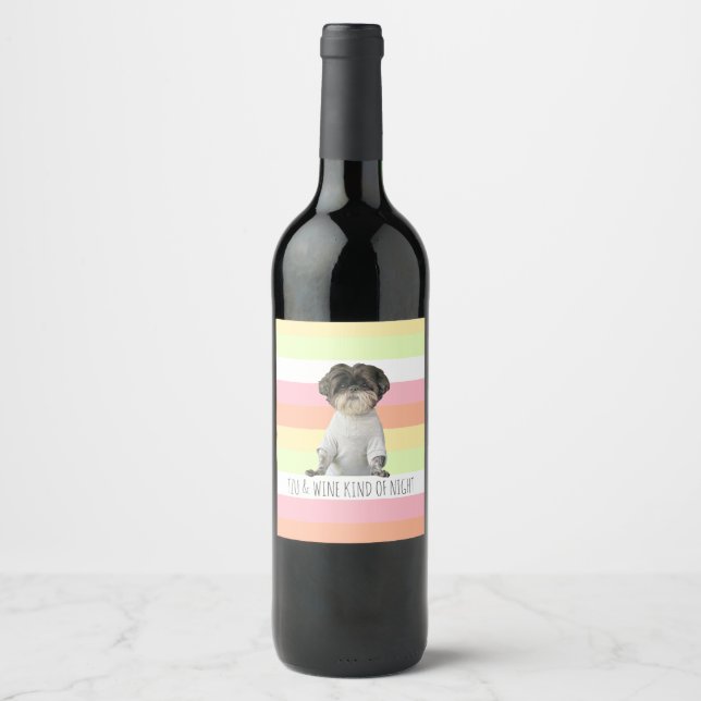 Personalise Shihtzu Dog Puppy Stripe Wine Label (Front)